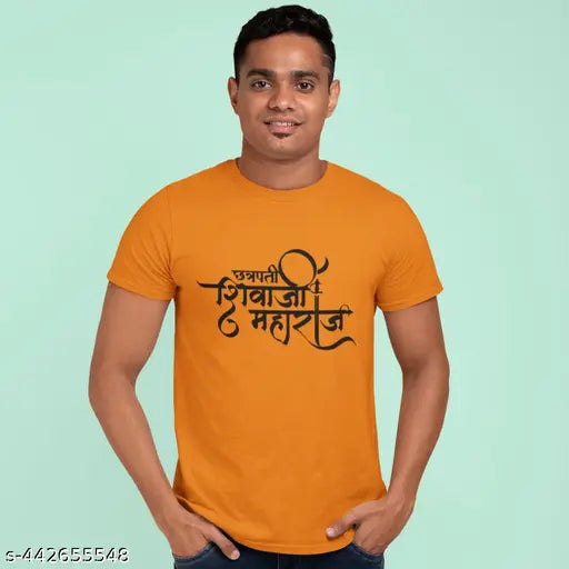 Multicolor printed polyester t-shirt featuring Chhatrapati Veer Shivaji Maharaj design, trending Indian men's apparel on hanger