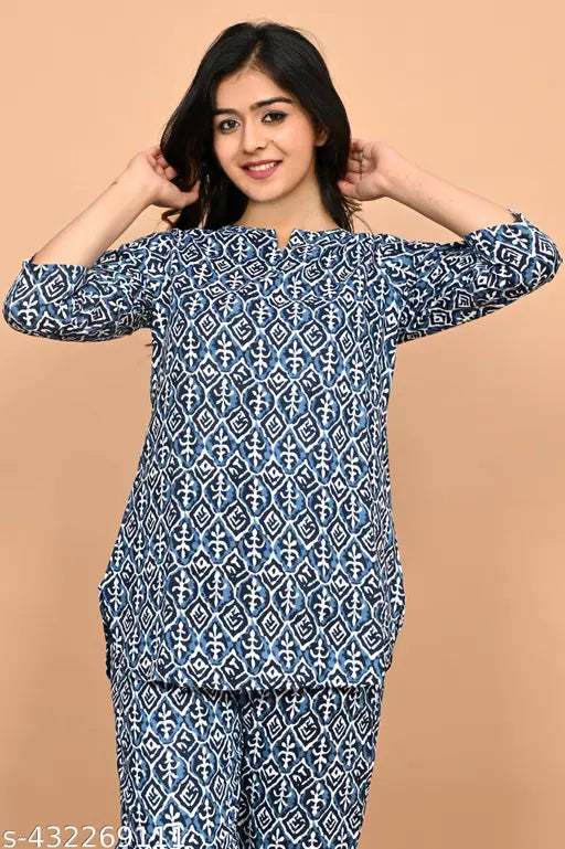 Rayon printed night suit, trendy pajamas for women on hanger