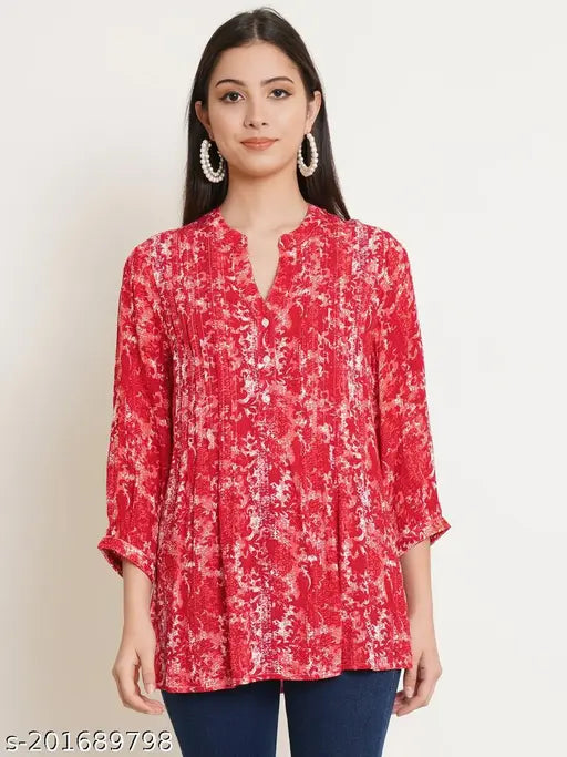 Red Viscose Rayon longline top with embroidered net pattern, mandarin collar - women's casual wear from India