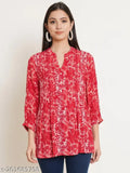Red Viscose Rayon longline top with embroidered net pattern, mandarin collar - women's casual wear from India