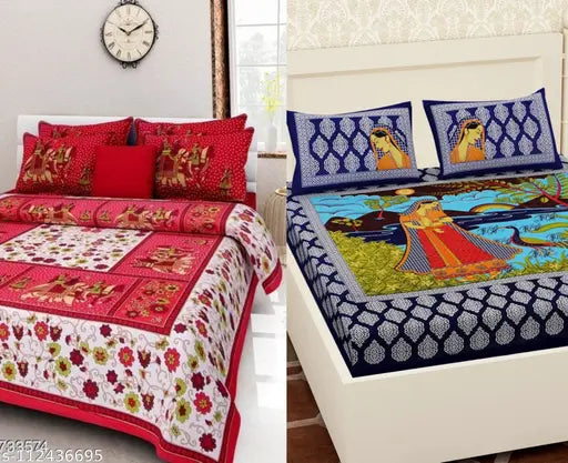 Cotton double bed sheet combo: Red & blue floral print, 2 bedsheets, 4 pillowcases.
