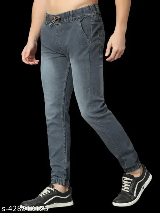 Mens grey denim stretch jogger, solid pattern, stylish and comfortable men's clothing, single item from Cristhaliyo 2Fashion, size 26 (Waist: 26in, Length: 39in, Hip: 34in), made in India