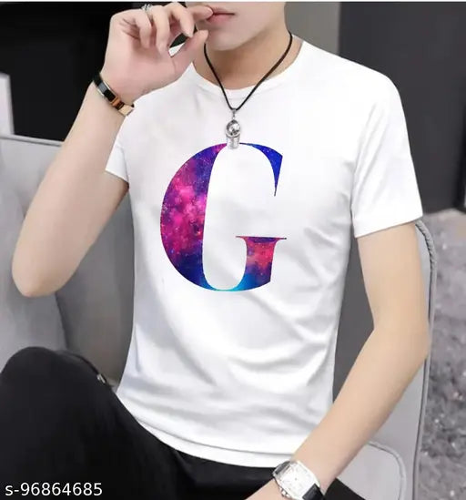 White polyester men's alphabetic printed t-shirt set, universal fit and short sleeves. Multipack includes S, XL, L, M, XXL sizes. Alphabetically themed t-shirts from Reybq, Indian origin
