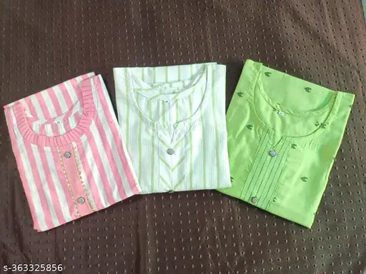 Striped combos of three cotton kurtis (XXS-XXXXL), pink & green, new design for women fashion