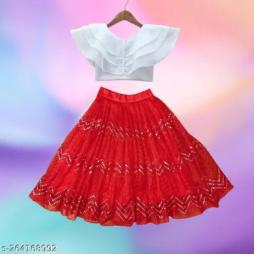 Organza and net embellished kids' lehenga choli set, solid color with short sleeves, suitable for various occasions like Navratri, weddings, parties. Made in India
