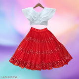 Organza and net embellished kids' lehenga choli set, solid color with short sleeves, suitable for various occasions like Navratri, weddings, parties. Made in India