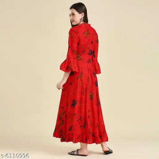 Red printed long-sleeve Anarkali cotton kurta with high neck, by Madhuram Textiles. Perfect for Indian women's wardrobe refresh, paired with casual or ethnic bottoms