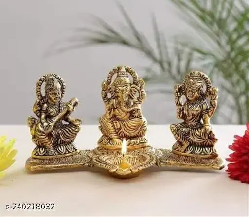 Gold-plated Laxmi Ganesh Saraswati idol, 18x7x10 cm decorative showpiece on table, Indian religious figurine