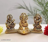 Gold-plated Laxmi Ganesh Saraswati idol, 18x7x10 cm decorative showpiece on table, Indian religious figurine