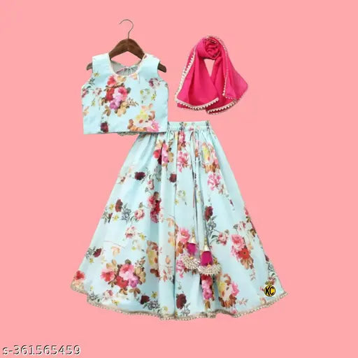 Girl laughing in floral print polyester choli with tissue dupatta, sleeveless and stitched net, 1 quantity, sizes 2-3 years to 9-10 years, Indian origin