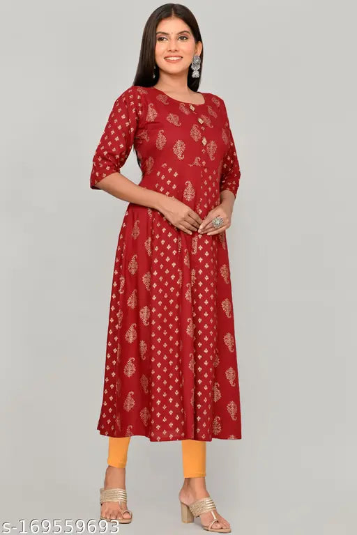 New printed rayon Anarkali kurti with three-quarter sleeves, Indian traditional wear for functions and festivals