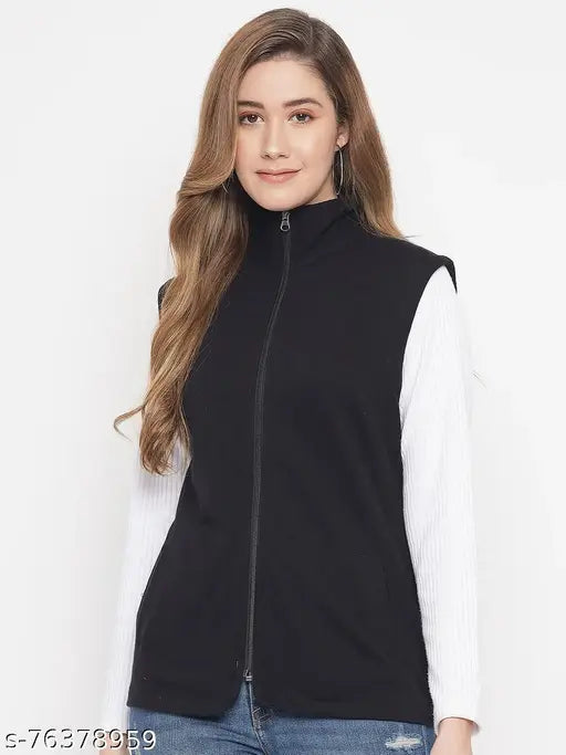 Black fleece sleeveless open-front jacket for women, solid design from Nock brand