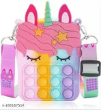 A small multi-colored fidget handbag, possibly unicorn design, with a bubble pop feature