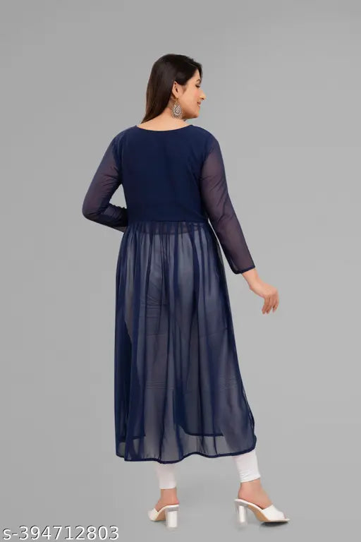 Solid faux georgette Anarkali Kurta for women, three-quarter sleeves, India-made