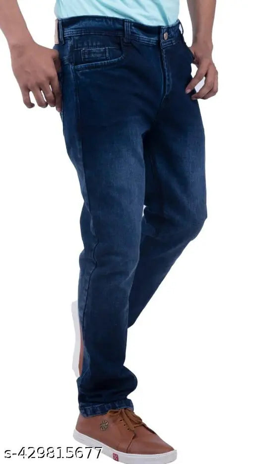 FashionBlue cotton blend slim fit denim jeans for men, trendy partywear on model standing