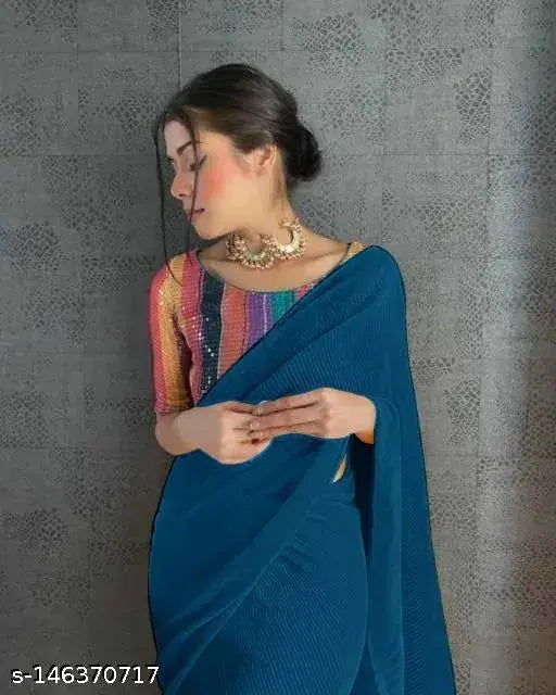 Navy blue lace saree with neckline details