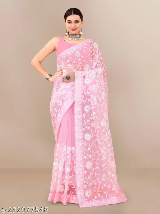 Indian net sari with solid silk blend blouse, embroidered pattern and free size for traditional wear