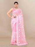 Indian net sari with solid silk blend blouse, embroidered pattern and free size for traditional wear
