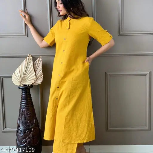 yellow cotton kurta plazo set with pocketed palazzos, solid color design from India