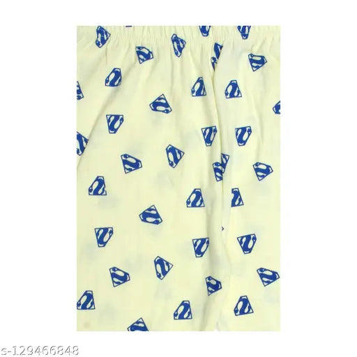 A collection of girls cotton sleepwear with a blue and white print featuring a repeated superhero logo