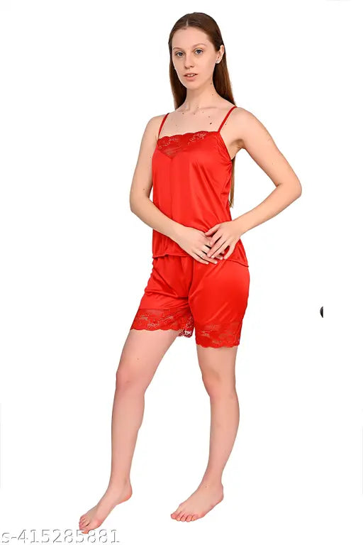 Satin short nightsuit with lace top and satin bottom, solid pattern, sleeveless, from Indian brand Chic Fitz. Comfortable cotton ensures good night's sleep