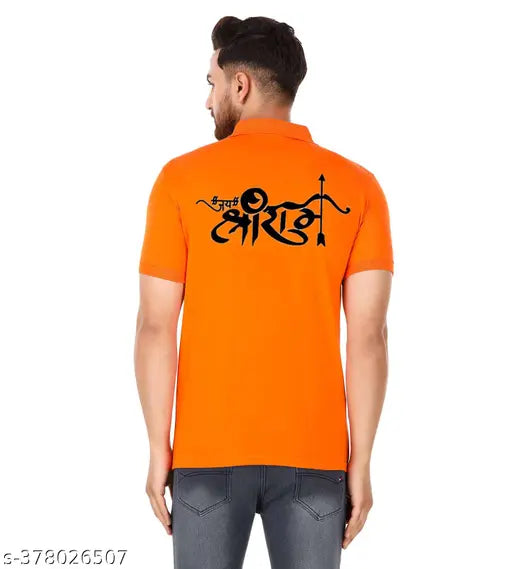 Orange cotton blend polo style men's t-shirt with Jai Sri Ram print, Ayodhya Mandir design on short sleeves