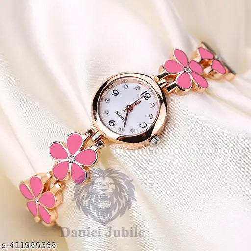 Pink and white flower bracelet, silver watch with black roman numerals