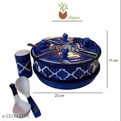 Niyara Handpainted Ceramic Storage Container Set of 5, Multipurpose, 400ML, with Lids, Salt Dispenser, and Tray, 100% Ceramic, Blue, Handcrafted