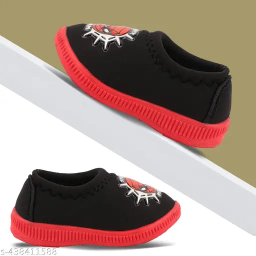 Kids' musical shoes with a red trim, featuring an image of a spider on the side