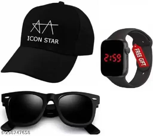 Stylish combo pack: 3 AA Cap Black wayfarer sunglasses square Digital watch, 100% cotton, fits adults and teens. Cool and protective summer essential