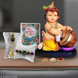 Poly resin Krishna idol Lumba Rakhi set with card & combo gifts, ideal for brother-sister Raksha Bandhan celebrations