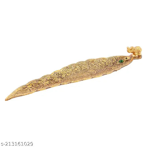 Antique golden finish elephant figurine incense holder with pack of incense sticks, brass feng shui showpiece (8.5" L x 0.5" H x 1" B)