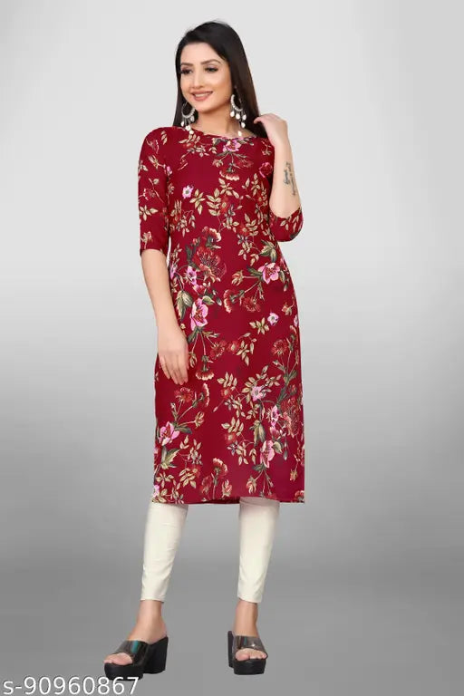 Red and multicolored crepe straight kurta