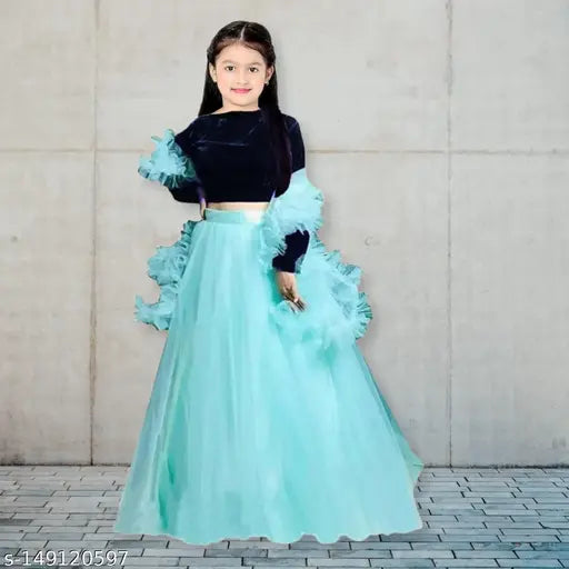Kids fancy velvet & net lehenga choli, semi-stitched in 8-12 years sizes. Velvet blouse with full panna design, net lehenga with flair and semi-stitched up to 32-33". Heavy net dupatta with free brodery, 1.7m length. Indian origin, perfect gift for daughter