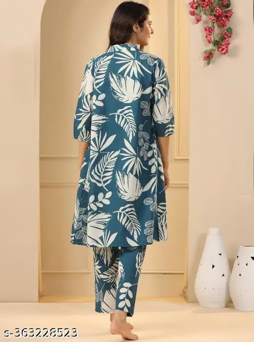 Green cotton Pimu night suit for women, printed pattern pyjamas set on hanger