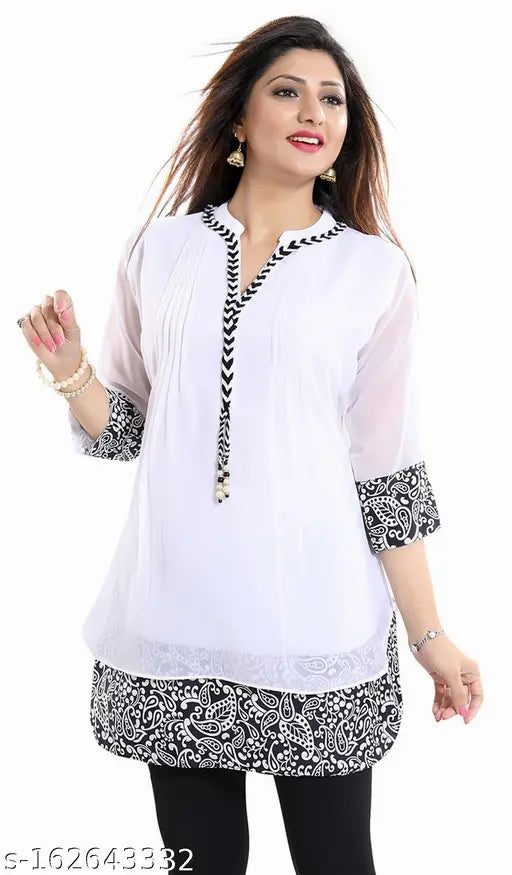 White/Black Georgette Printed Straight Kurta by Meher Impex, three-quarter sleeves and self-design thigh length