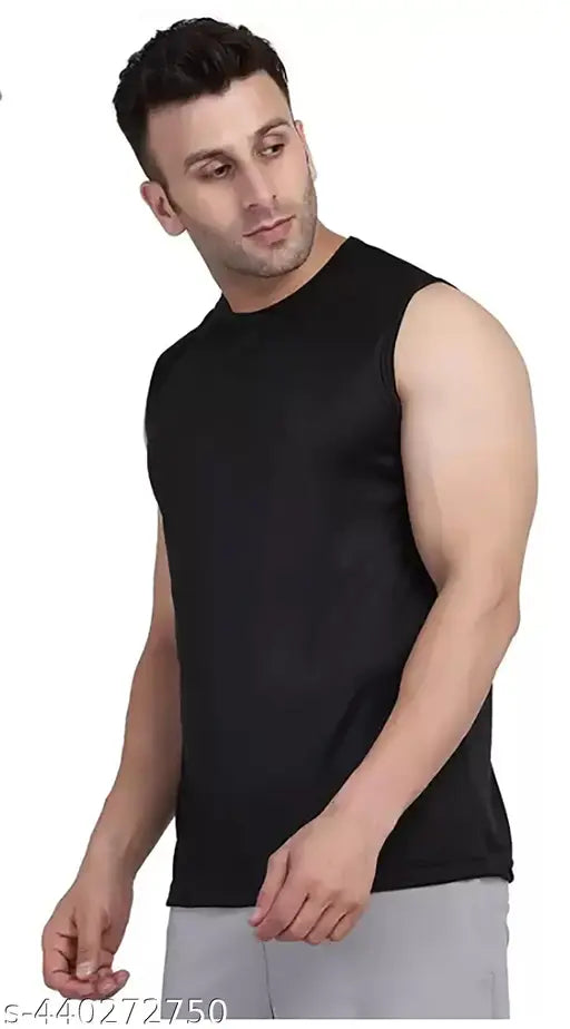 Black sleeveless gym vest t-shirt made of polyester
