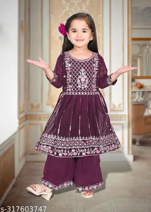 Modern georgette anarkali set with palazzos, embroidered, knee-length for girls - Indian fashion, red & maroon traditional wear