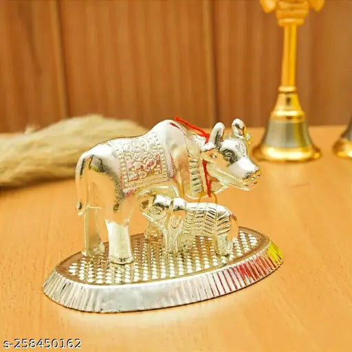 Silver Kamdhenu Cow & Calf Metal Statue, Lucky home/office decorative gift idol