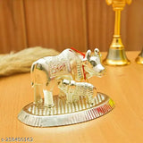 Silver Kamdhenu Cow & Calf Metal Statue, Lucky home/office decorative gift idol