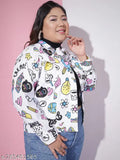 White cotton blend printed plus size jacket, long sleeves, collared design by Dimpy Garments Toko Twill. Model wearing size 3XL (height 5'7)