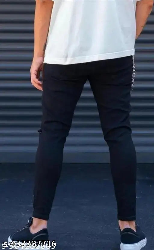 Red Heart Kneecut Cotton Jeans - Plain black denim jeans for men, size 28/30/32, made in India