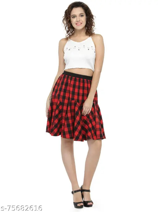 Cotton checkered red-black short skirt with elastic closure, perfect for casual summer looks. Approx length 22". Made by Hive91, India