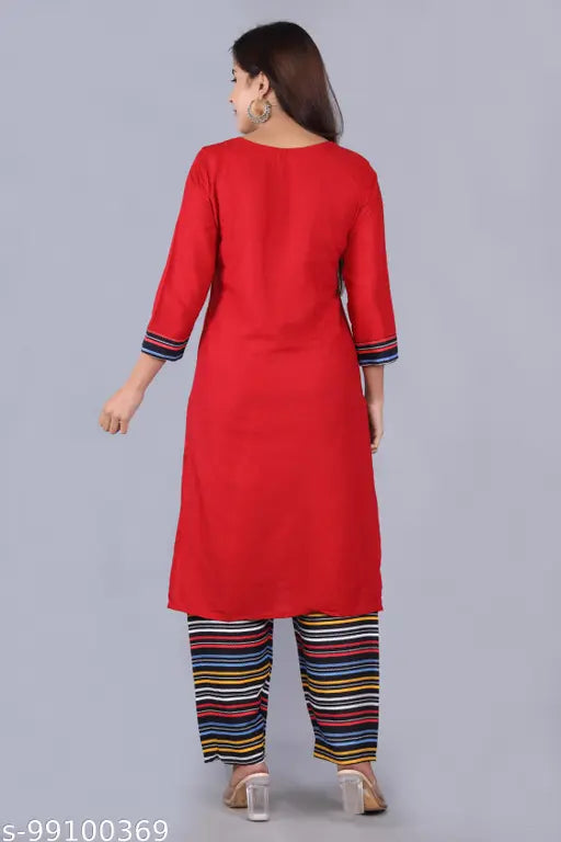 Red striped rayon kurta with rainbow plazzo pants, three-quarter sleeves - Indian designer fashion