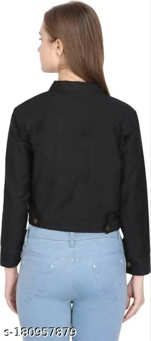 Black denim jacket, solid design for women - stylish casual wear with long sleeves and button front, size L or XL from Fashion Wear