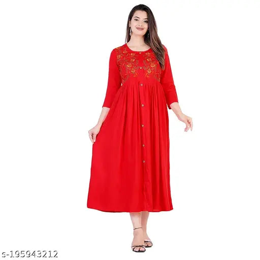 Red embroidered rayon anarkali kurti, long skirt, women's wear