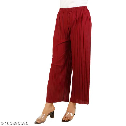 Maroon pants, gray top