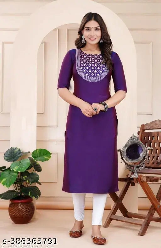 Art Silk wine-purple A-line kurta for women, three-quarter sleeves, knee length (46 inch), round neck
