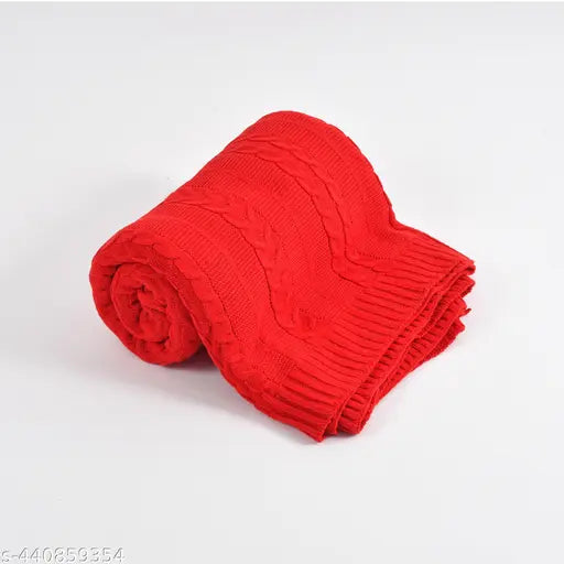 Red knitted cotton loop throw, perfect for sofa or bed, HomewayTex Blossom design