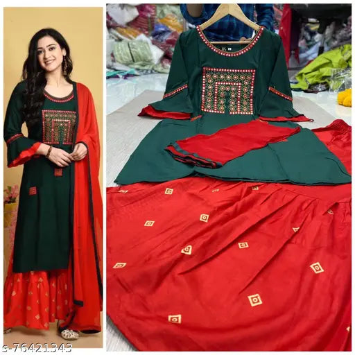 Dark green embellished dupatta set with red pajamas